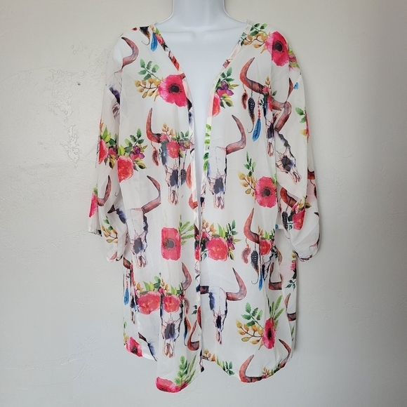 White Chiffon Kimono Oversized S/M Colorful Floral Boho Bull Skull Western Girly - Picture 1 of 7